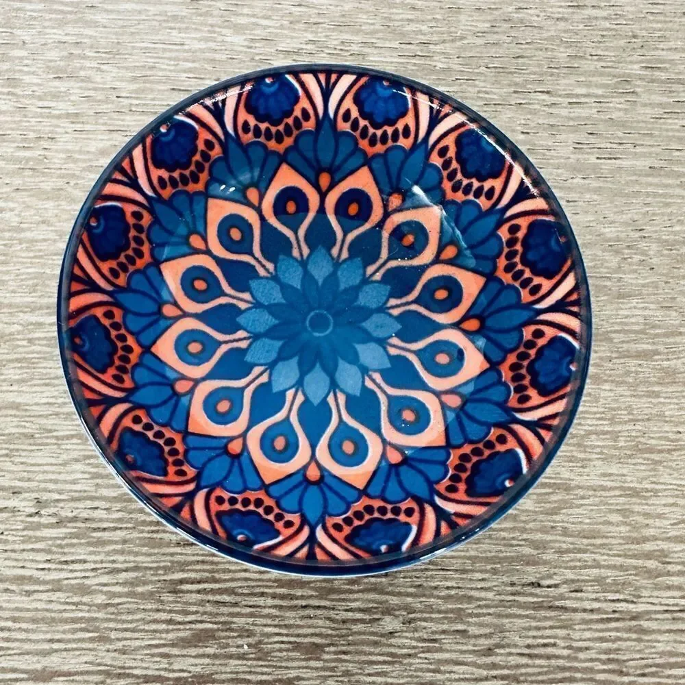 Ceramic Trinket Dish Serving Bowl Orange Blue Boho Pattern